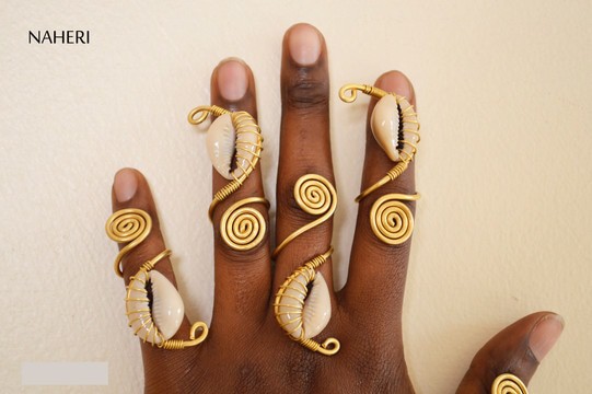 5 pieces African adjustable cowrie shell and brass wire rings