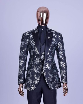A dispersed Charcoal black &amp; splashed silver jacquard tuxedo suit