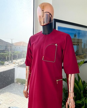 A Maroon red, combat pocket gold zip detailing african traditional senator kaftan native.
