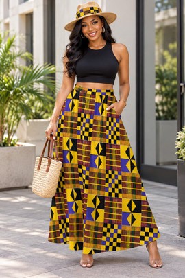 Jupes longues en mousseline à imprimé kente pour femmes, doublées, inspirées du patrimoine africain | Jupe longue à imprimé kente | Bynelo