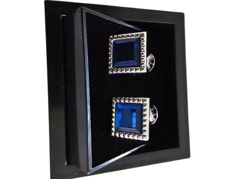 Blue Rectangular Studded Cufflinks