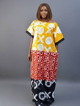 Caftan africain élégant pour femme, noir et blanc, avec une touche de jaune