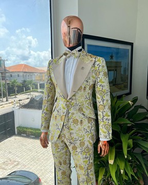 A Floral splashed yellow, mocha &amp; cedar brown, knitted, peak lapel tuxedo suit