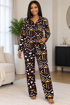 African Geometric Tribal Women's Satin Pajama Set | African Print Sleepwear | Bynelo