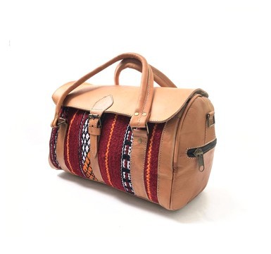 BIG SALE! Genuine Leather Travel Bag with Red Kilim Handmade in Morocco