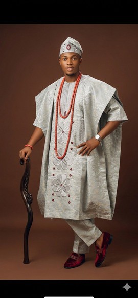 Elegant Silver-Grey Floral Agbada Ensemble
