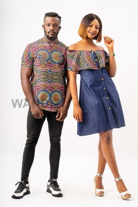 Denim and Ankara Off Shoulder Cape dress, Off Shoulder Ankara Dress, Ankara Cape Dress,