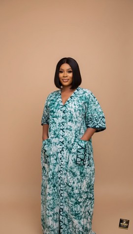 Marble Teal &amp; Seafoam Adire with Geometric Borders Kaftan