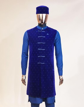 A Navy blue long sleeve kaftan, Admiral blue velvet jacket .