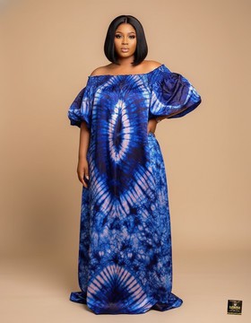 Indigo Adire Silk Off-Shoulder Maxi Dress