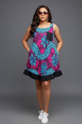 Vibrant Pink and Blue Ankara Dress with Ruffled Hem