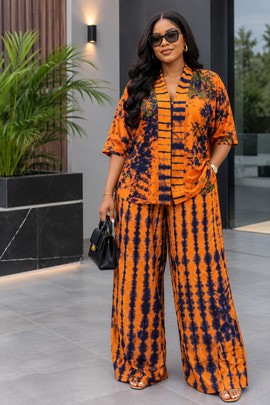 Women's Orange &amp; Navy Adire Print 2-Piece Set – Open Front Top with Wide Leg Trousers