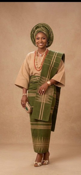 Nigerian Traditional Elegant Forest Green and Beige Handwoven Aso Oke Iro, Buba, and Gele (Headtie)