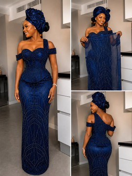 Robe de sirène perlée bleu royal