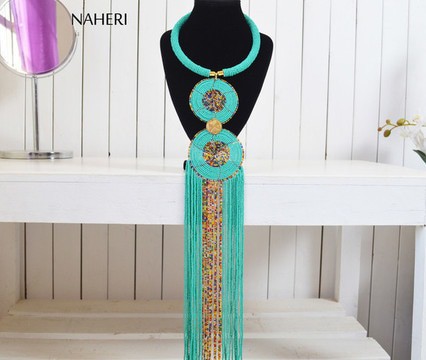 African Turquoise Beaded Necklace |  Romantic neck piece | Tiered &amp; Tribal fringe