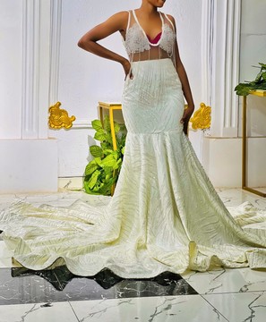Robe de bal en dentelle à paillettes trompette scintillante, robe de sirène longue train, robe de retour à la maison