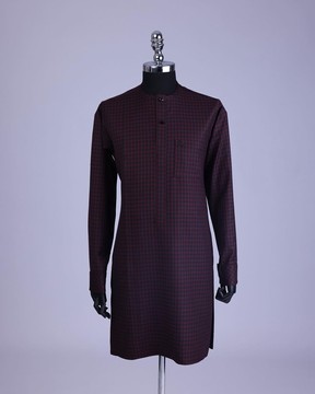A checkered black and burgundy with black Swarovski button detailing kaftan &amp; sokoto