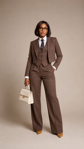 Women's Brown Pinstripe 3-Piece Pantsuit – Blazer, Vest &amp; Trouser Power Suit Set