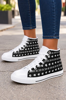 Cowrie Shell Monochrome Print Women's Classic High Top Canvas Shoes | Black and White Sneakers