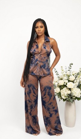 "Ensemble tie-dye tendance assorti - Haut sans manches boutonné et pantalon à jambes larges"