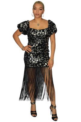 Sequin Black and Silver Fringe Dress, Black and Silver Dress with Tassels