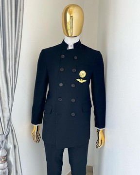 A Charcoal black jorgecarli merino wool “clergyman” French double breasted safari Suit