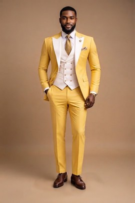 Costume trois pièces jaune et blanc à revers contrastants