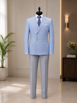 Blazer bleu ciel pour homme avec détail de boutons à la taille et pantalon gris – Costume formel contrasté deux pièces