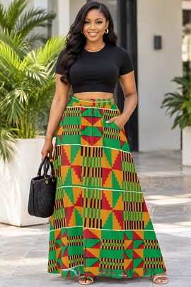 Jupes longues en mousseline imprimé KENTE pour femme avec doublure | Jupe longue Kente | Bynelo