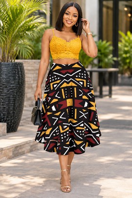 Jupe midi pour femme en tissu bogolan tribal africain avec poches | Jupe midi imprimé bogolan | Bynelo