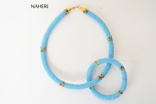 African Maasai Beaded Necklace | Sky blue necklace with matching bracelet