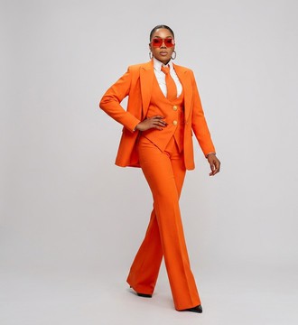 Vibrant Orange Three-Piece Power Suit with Vest &amp; Flare Trousers