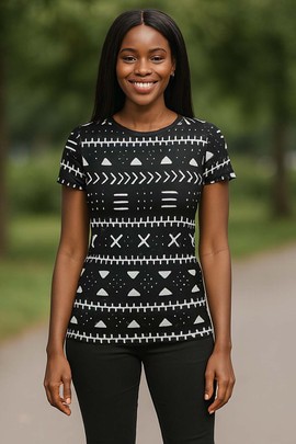 T-shirt ethnique statement pour femme, imprimé africain noir et blanc