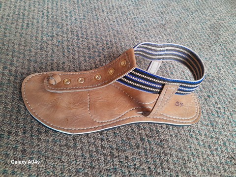 Handcrafted Women’s Tan Leather Gladiator Sandals – Comfortable Elasticized Blue Stripe Slides