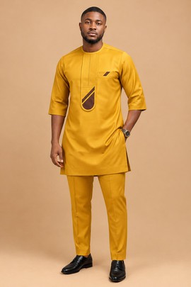 Men’s Mustard Yellow Native Two-Piece Outfit with Brown Geometric Detail
