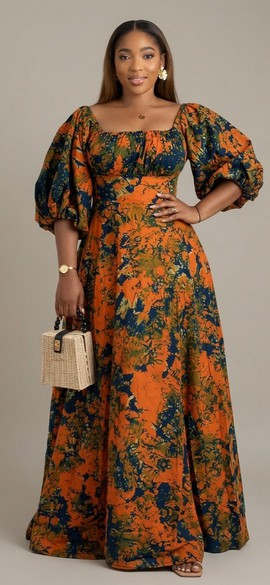 Adire Batik Square-Neck Maxi Dress | Women Adire gown