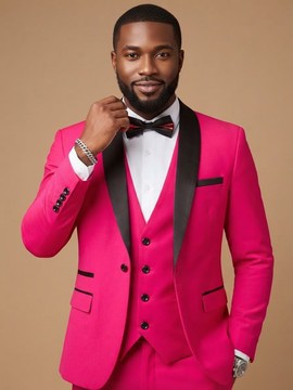 Costume trois pièces avec veste à col châle magenta et noir, pour smoking