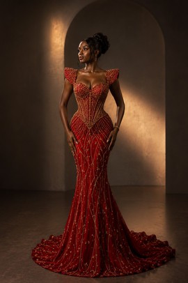 Robe de soirée luxueuse à perles rouges, robe de soirée, robe de bal, robe de mariée