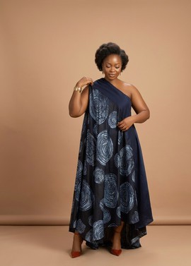 Indigo Spiral One-Shoulder Flow Gown|Wedding|Ceremonialoutfit|Casual outfit|