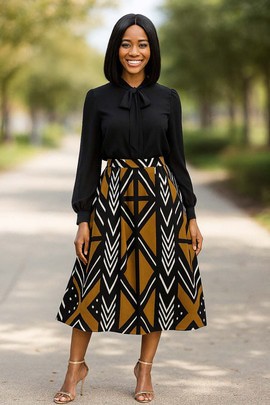 African Skirt Geometric Zigzag Batik Print Midi Length