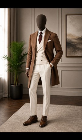 Men's Grey Long Overcoat with Charcoal Trousers – Two-Piece Formal Winter Suit Set