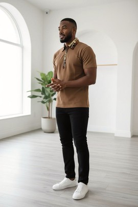 Men’s Brown Polo Shirt with African Ankara Print Collar and Zipper, Ankara T-shirt