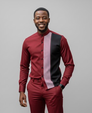 Men's Premium Maroon Mandarin Collar Shirt and Trouser Set - African Inspired Panel Design