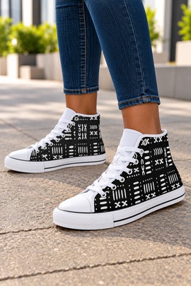 Black and White Mudcloth Scissors Print Women's Classic High Top Canvas Shoes | African Sneakers