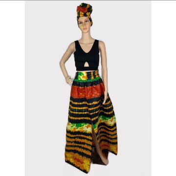 Ensemble jupe longue et couvre-chef multicolore à imprimé africain Ankara Tie-dye