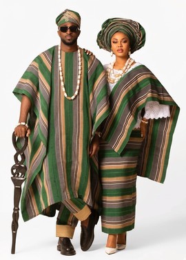 Luxury Aso Oke Couple Outfit –  Traditional Wedding Attire (Agbada, Fila, Iro &amp; Buba with Gele)