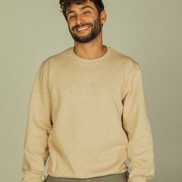 Sweat-shirt Loose Fit Beige Unisexe affirmations "Merci, Je T'aime" à Col Rond Et Détails En Wax