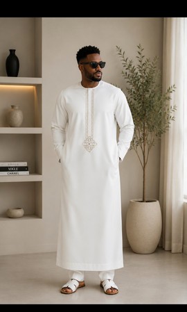 Ensemble de thobe blanc pour homme – Kaftan long en tissu sénateur avec panneau de poitrine brodé d’or