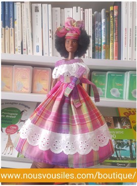 Black Barbie Doll with Frizzy Hair in Collector's Pink Madras Creole Dress