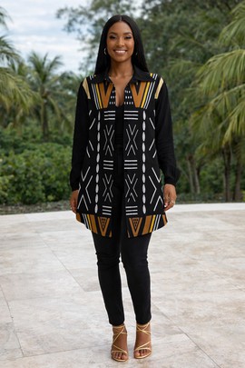 Zuri Buttoned Mudcloth Shirt Dress – Afrocentric Long Sleeve Tribal Print Tunic Top